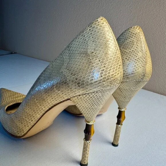 Gucci Python Bamboo Heel Pumps Tan Pointed Toe Vintage Size 40C Made Italy 90s